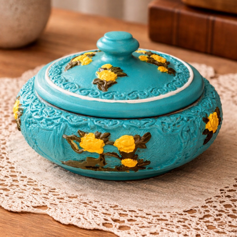 Vintage Turquoise Blue Round Trinket Box Yellow Raised Floral Relief Florentine